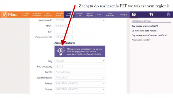 Sugestia rozliczenia w danym regionie