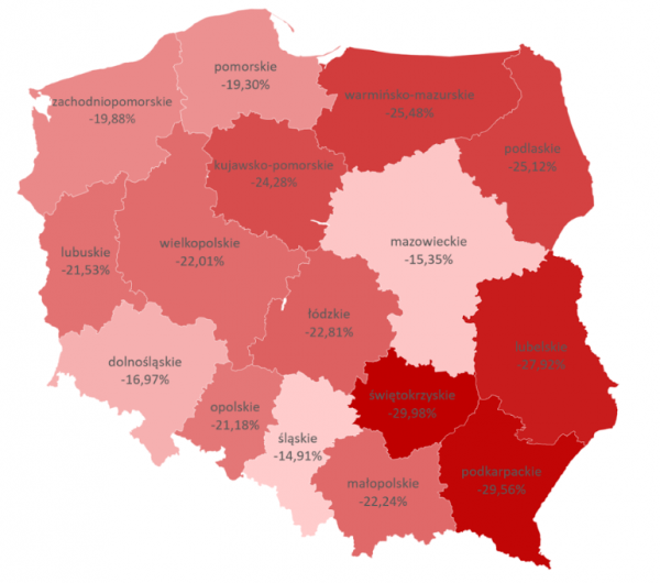 Procentowa zmiana liczby podatników przekazujących odliczenie podatkowe r/r w podziale na poszczególne województwa.